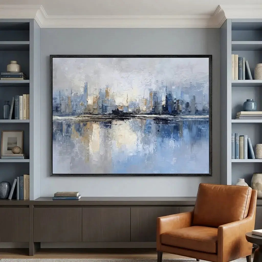 Framed abstract cityscape painting on a wall above a wooden cabinet with a brown leather chair.