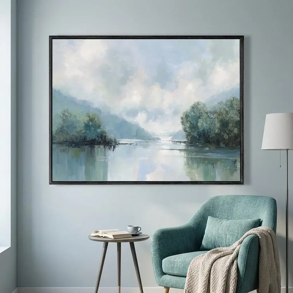 Framed landscape painting of a lake on a wall above a teal armchair.
