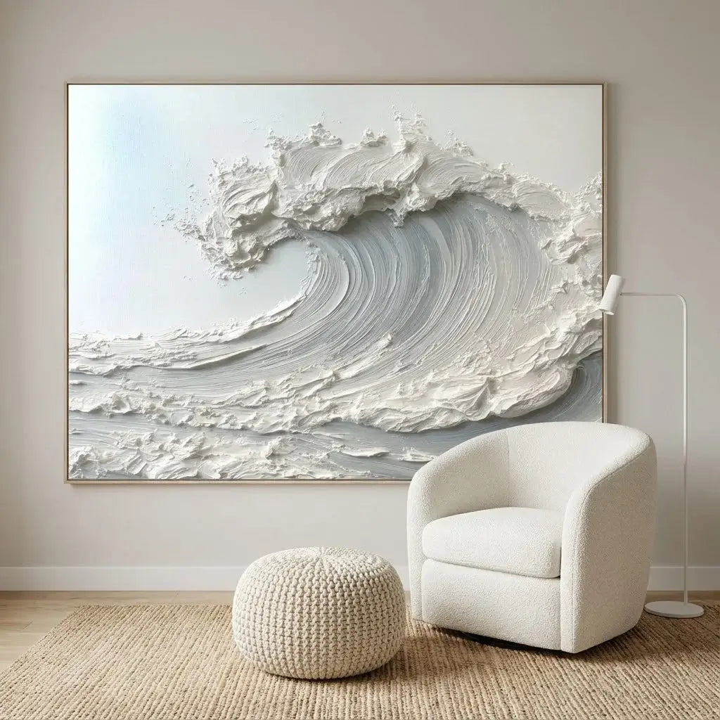 Abstract wave painting in a modern living room with a white armchair and textured rug.
