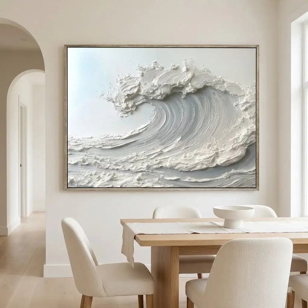 Dining room with a large abstract wave painting on the wall.