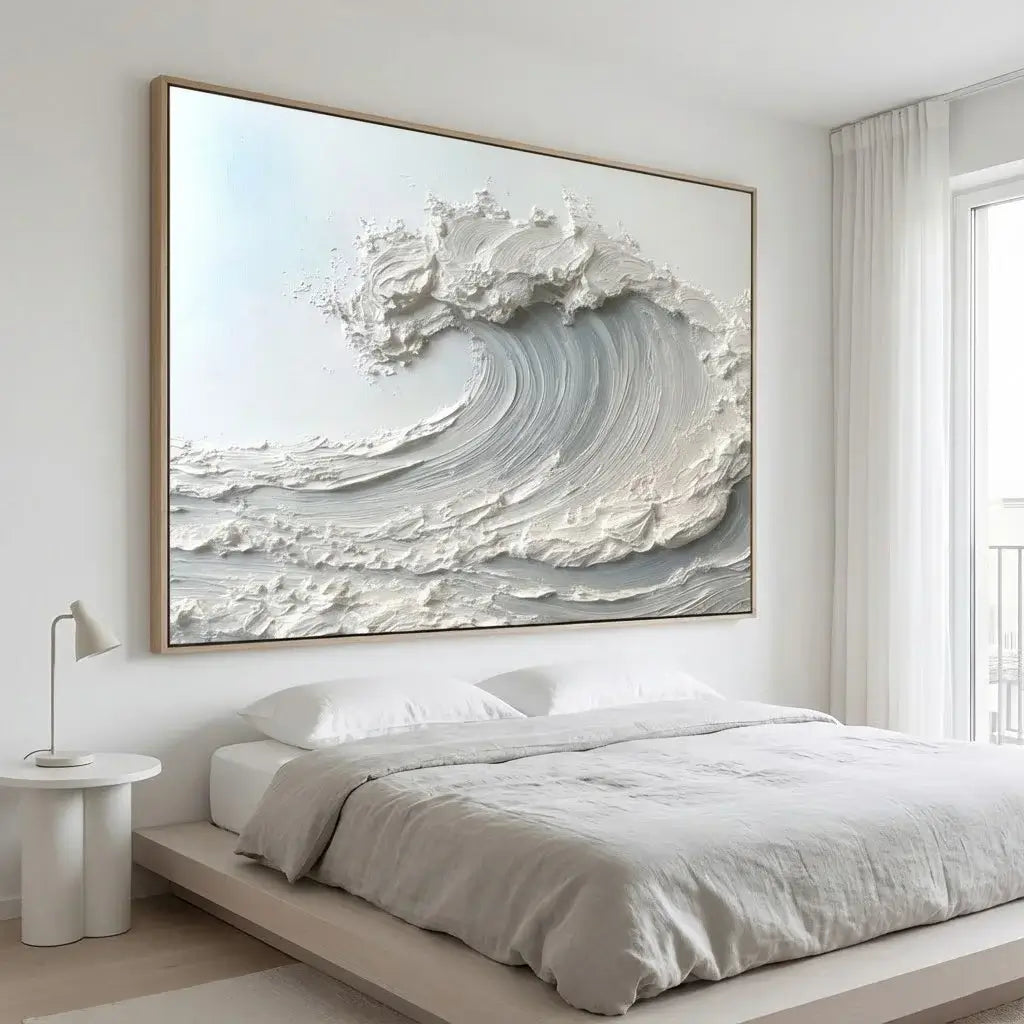 Modern bedroom with a large abstract wave painting on the wall.