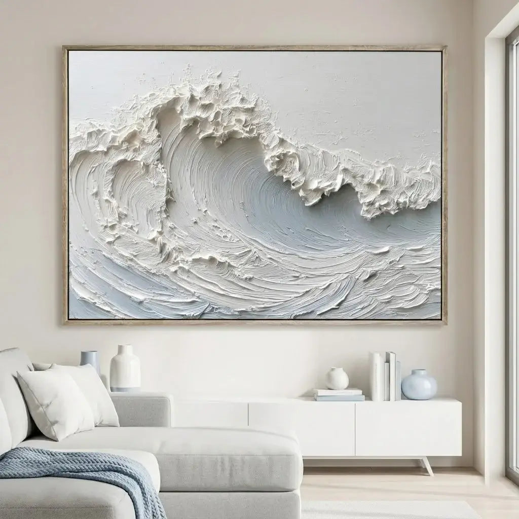 Abstract wave painting in a modern living room