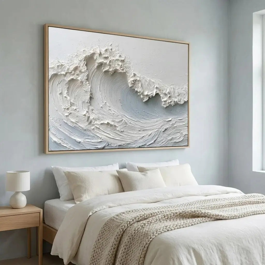 Bedroom with a large abstract wave painting on the wall