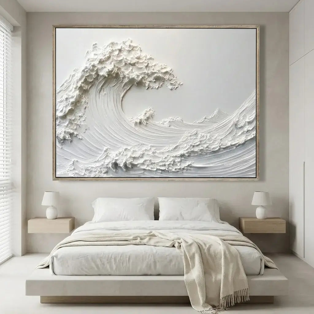 Modern bedroom with a large abstract wave painting on the wall.