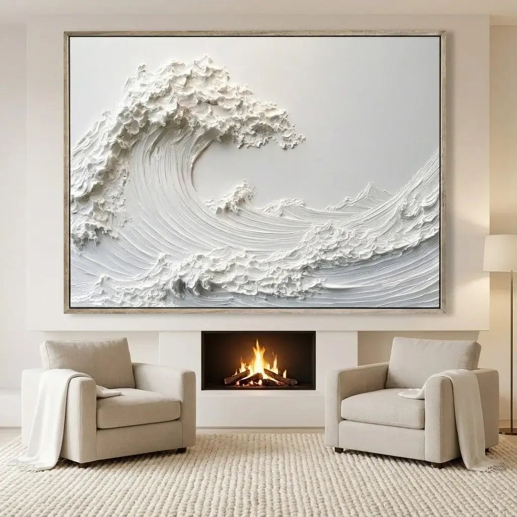 Living room with a large abstract wave painting above a fireplace.