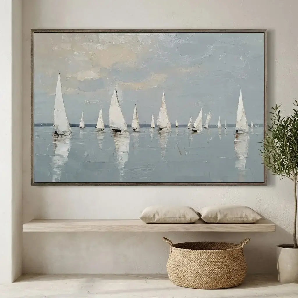 Framed painting of sailboats on a wall above a bench with decorative items.