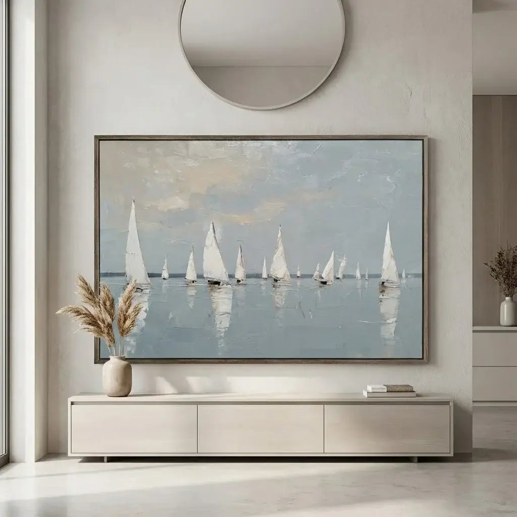 Framed artwork of sailboats on a wall in a modern living room.