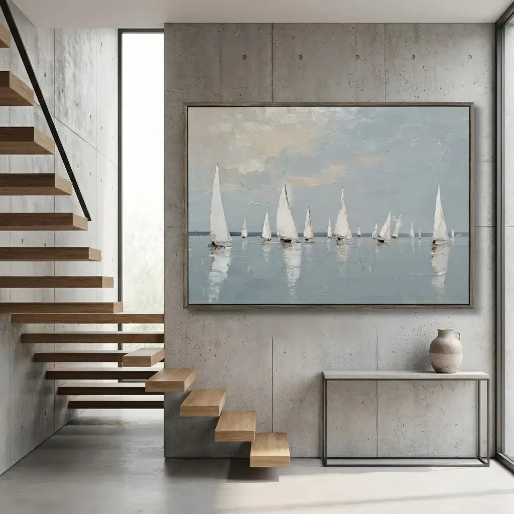 Modern interior with a large framed painting of sailboats on a wall above a staircase.