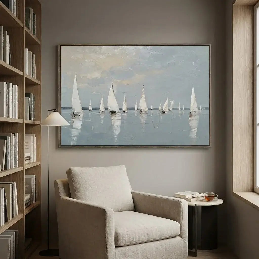 Living room with a large framed painting of sailboats, a chair, and a bookshelf.