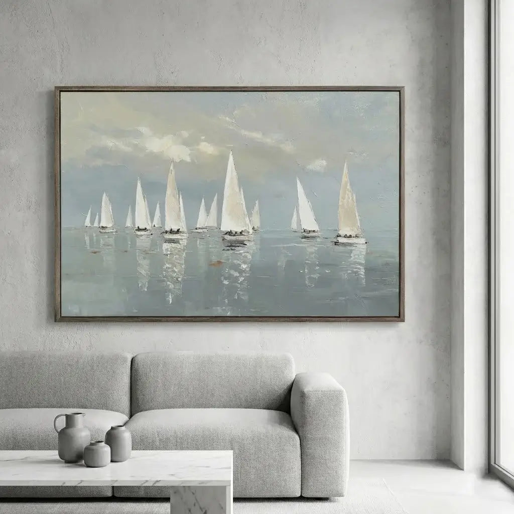 Framed artwork of sailboats on a wall in a modern living room.