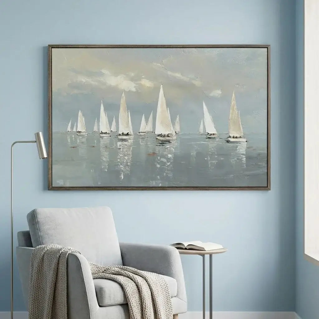 Framed artwork of sailboats on a wall above a gray armchair.