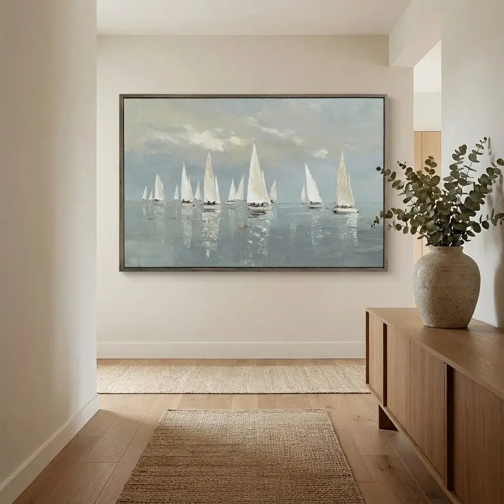 Living room with a large framed painting of sailboats on the wall and a vase with plants on a wooden cabinet.