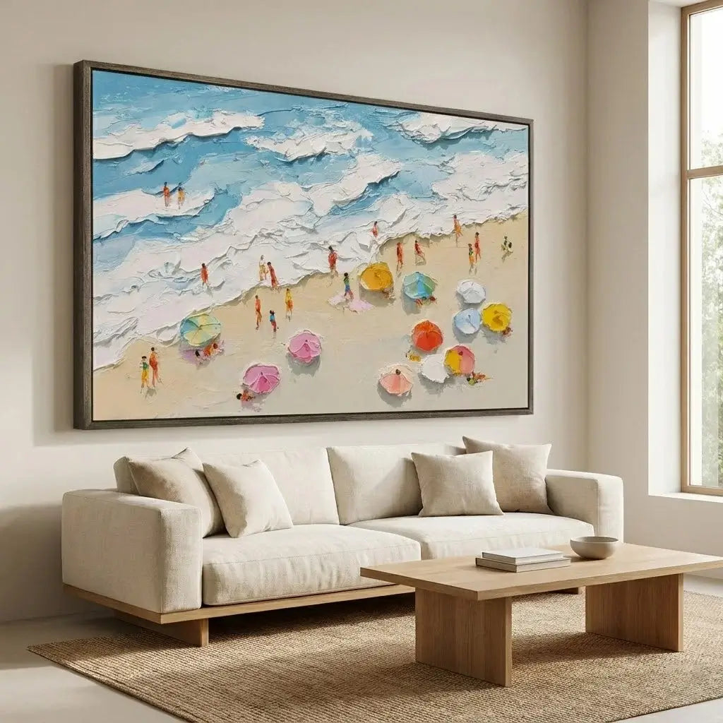 Living room with a large beach scene painting above a beige sofa.