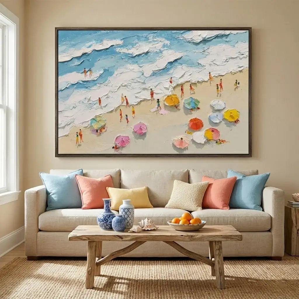 Living room with a beige sofa, wooden coffee table, and a large beach scene painting on the wall.