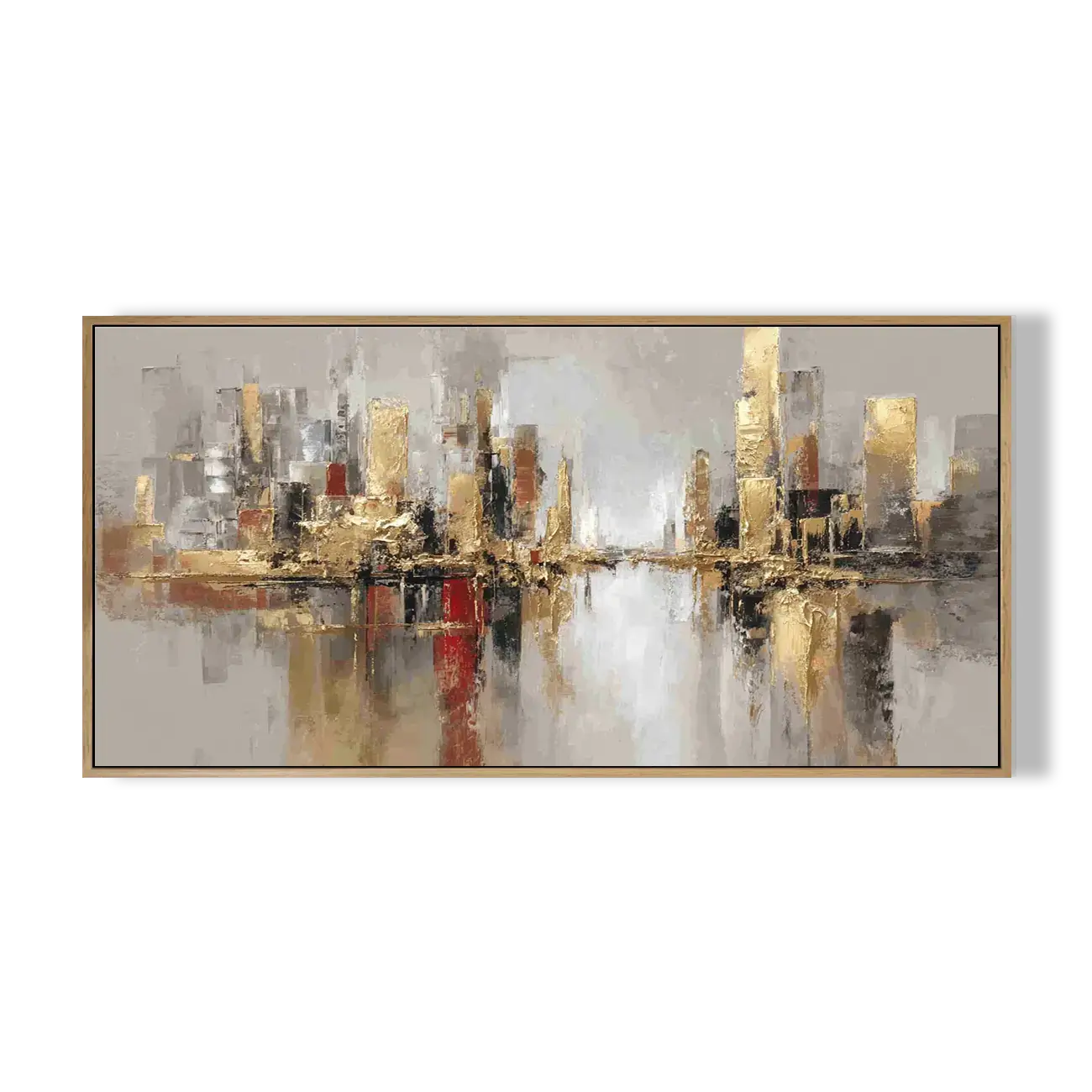 Abstract cityscape painting with gold and brown tones on a white background