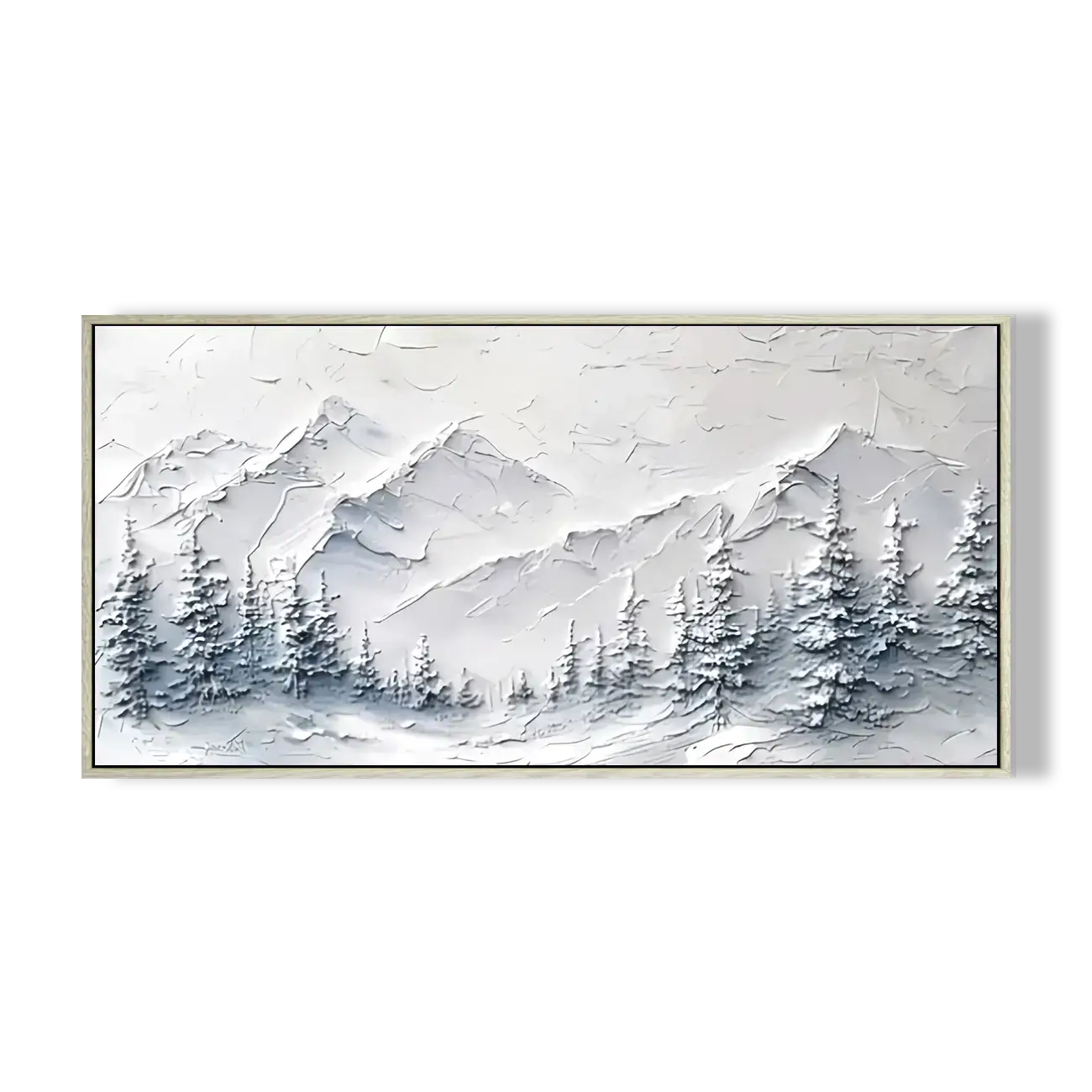 Framed painting of a mountain landscape with trees on a white background