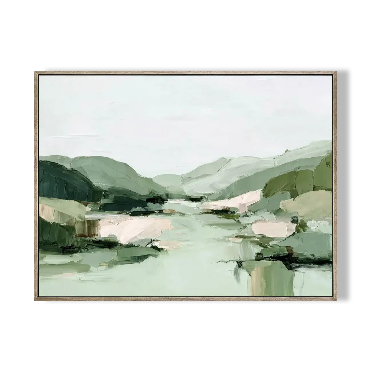 Framed artwork of a landscape with mountains and water on a white background