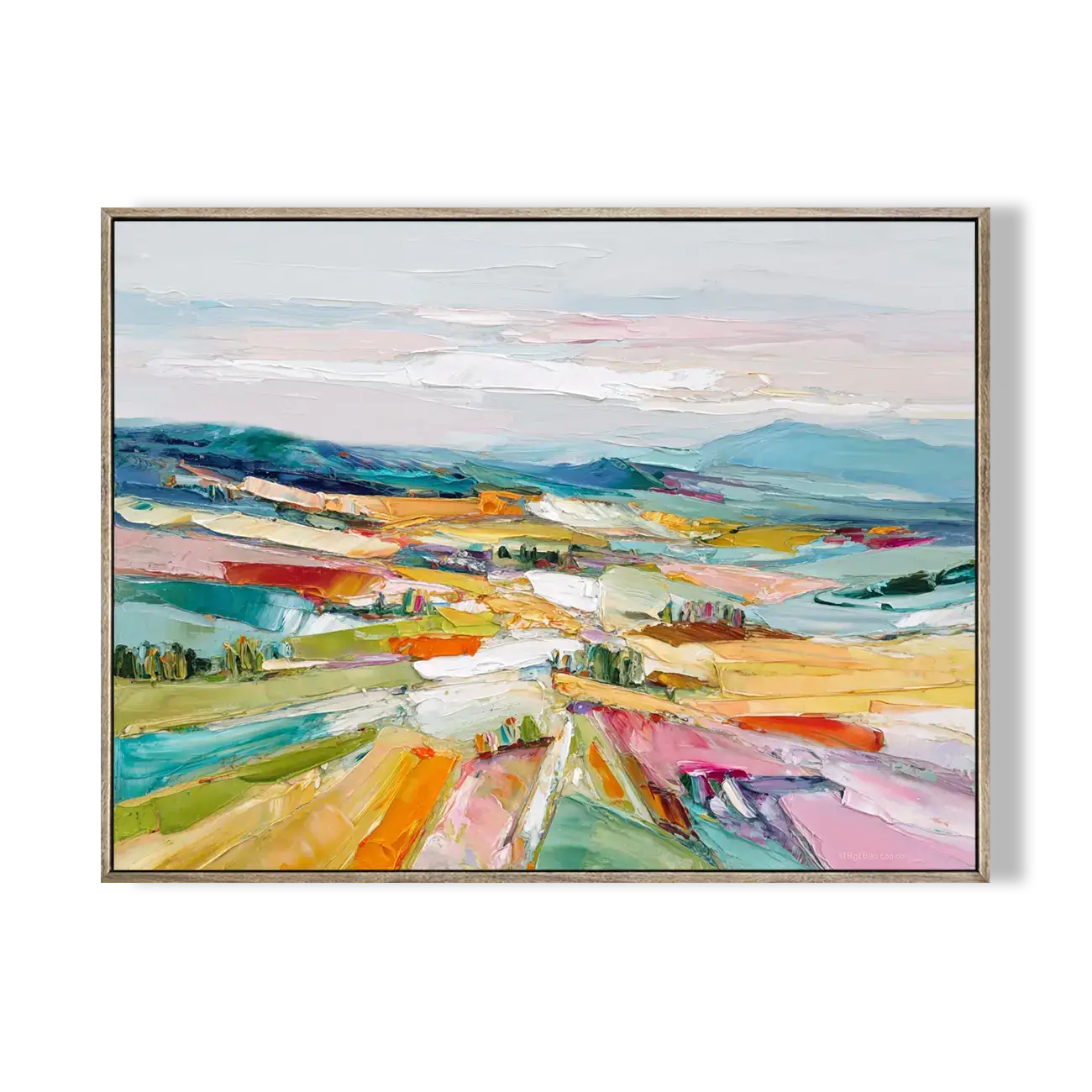 Colorful abstract landscape painting in a gold frame on a white background