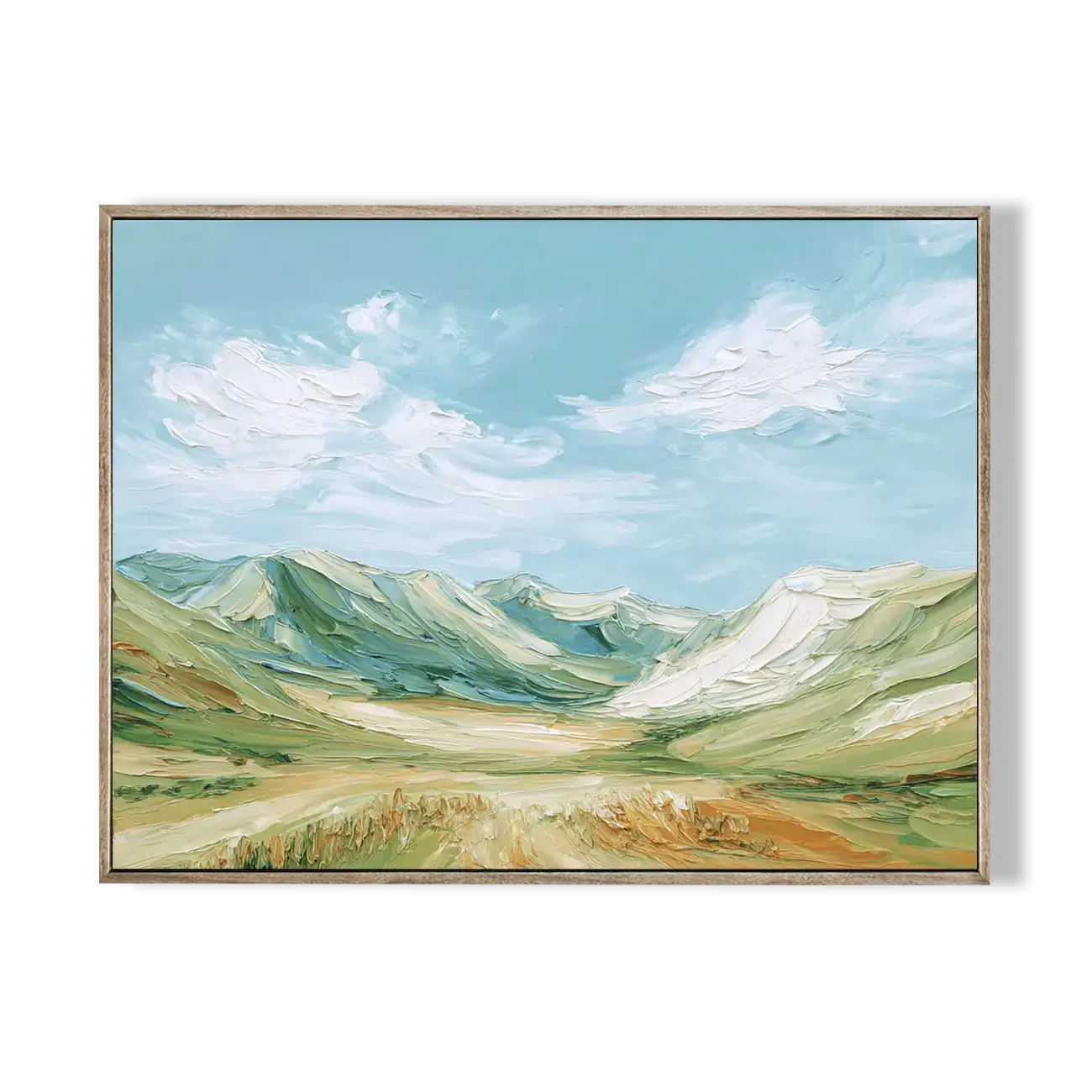 Framed painting of a mountain landscape with a blue sky.