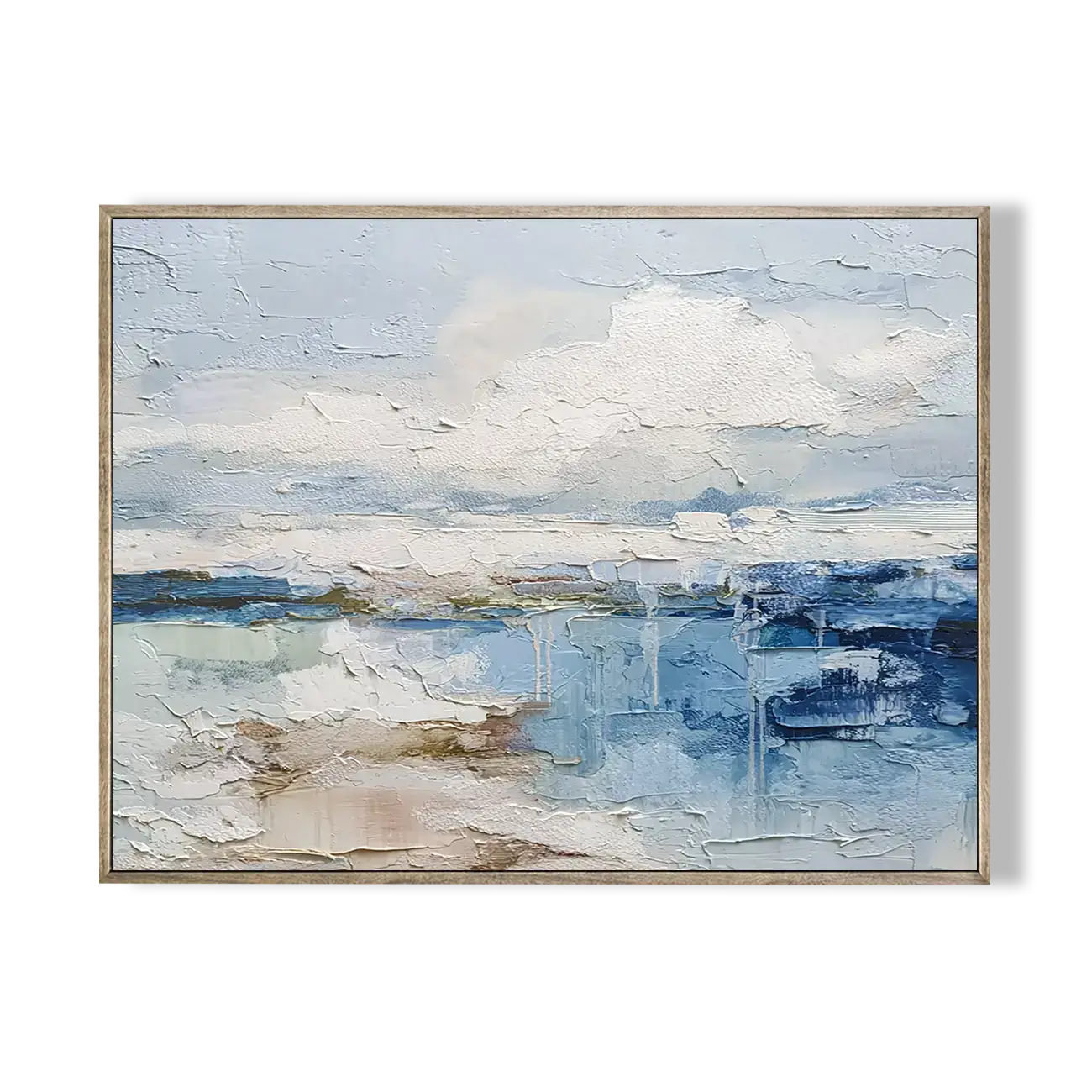 Abstract painting with blue and white tones in a wooden frame on a white background