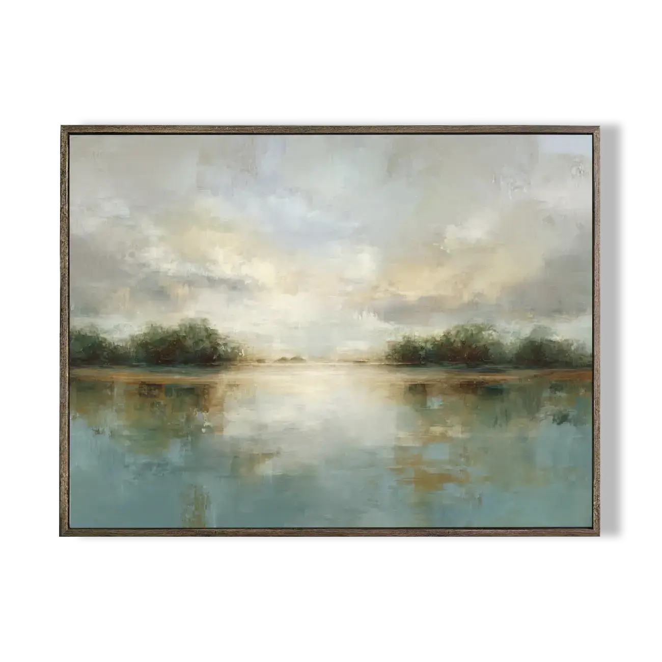 Framed painting of a landscape with trees and clouds over water on a white background