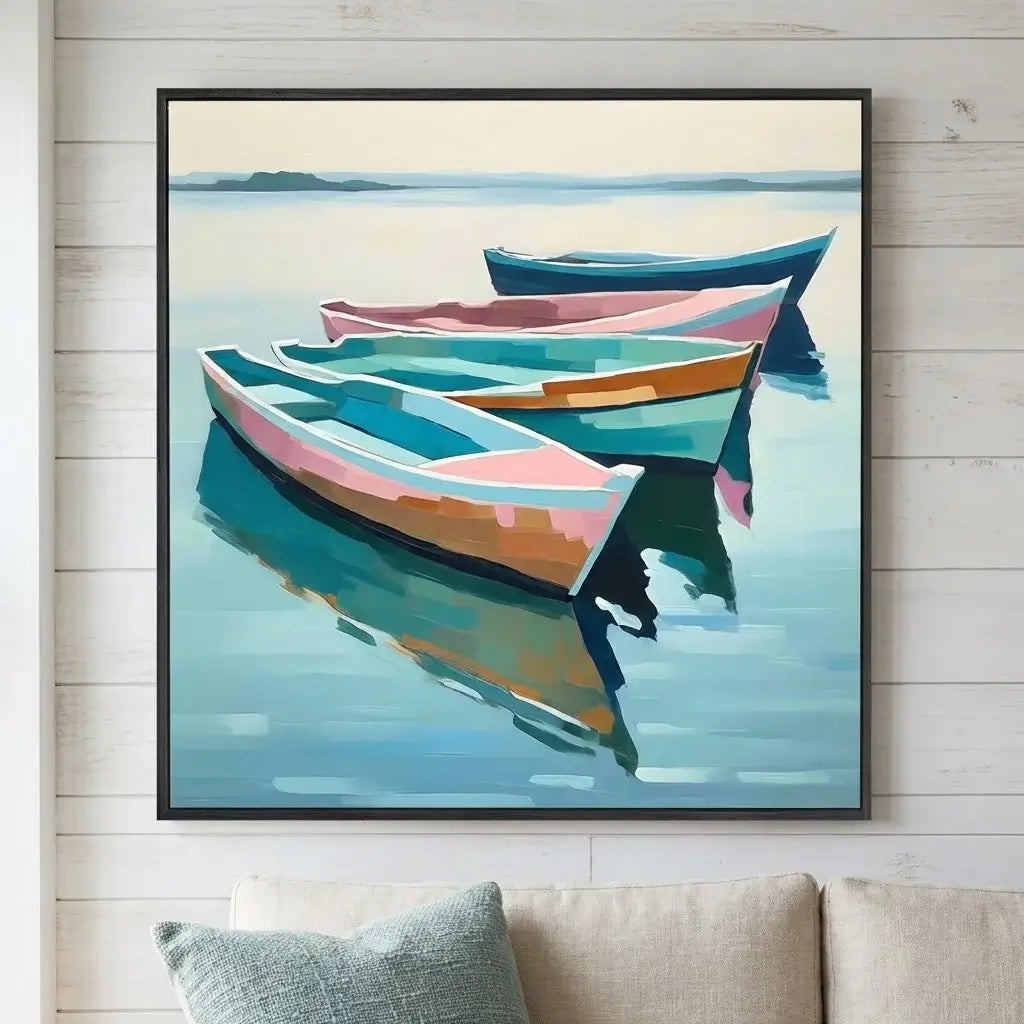 Framed artwork of colorful boats on a lake with a black frame.