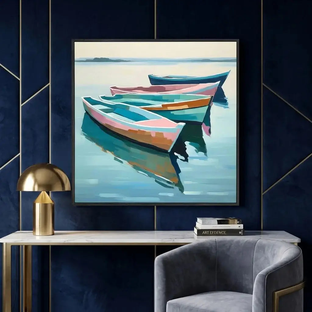 Framed artwork of colorful boats on a blue wall above a table with decor items.