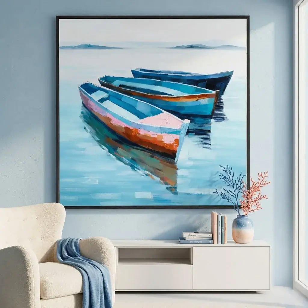 Framed artwork of three boats on water in a living room setting.