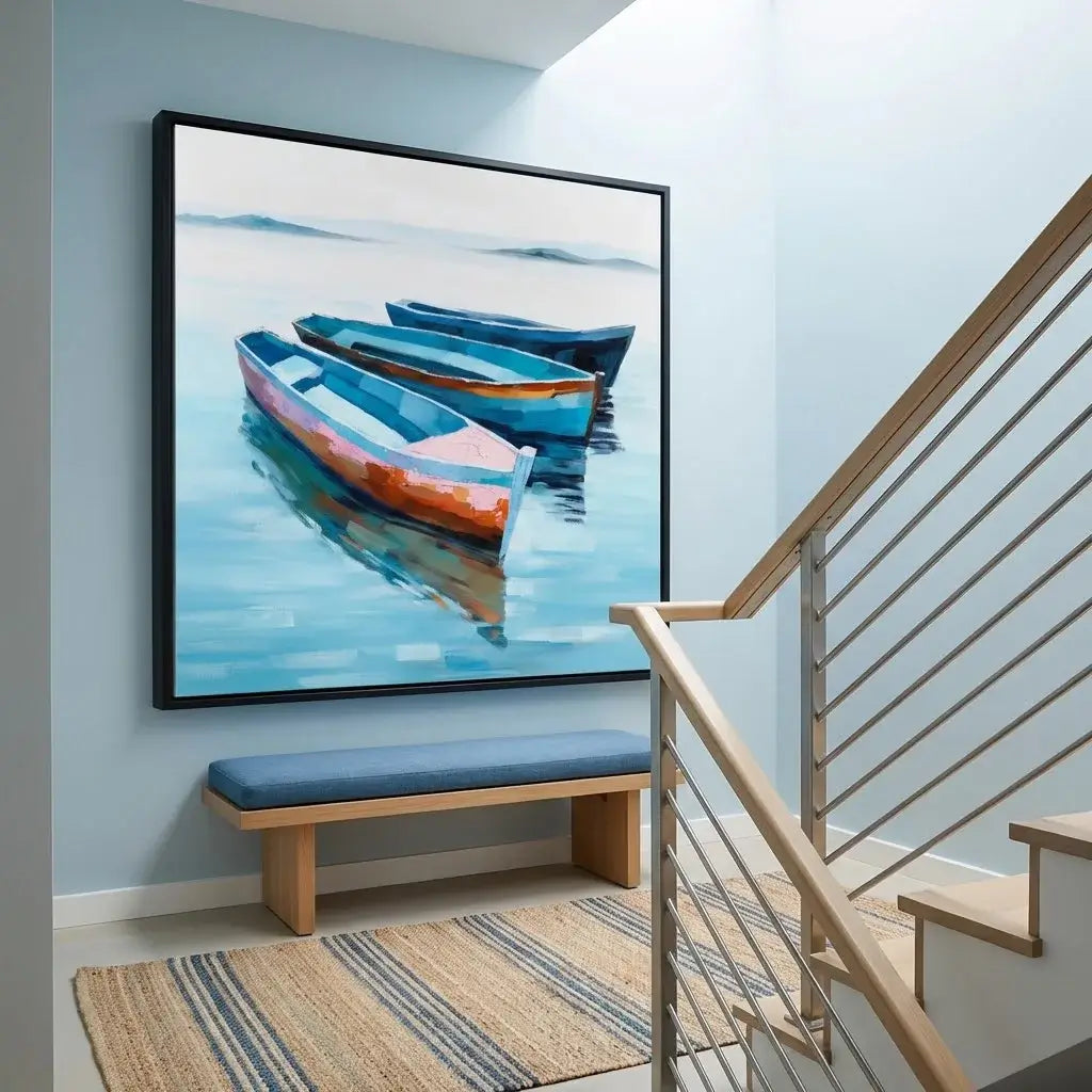 Framed artwork of boats on a wall above a bench in a home interior.