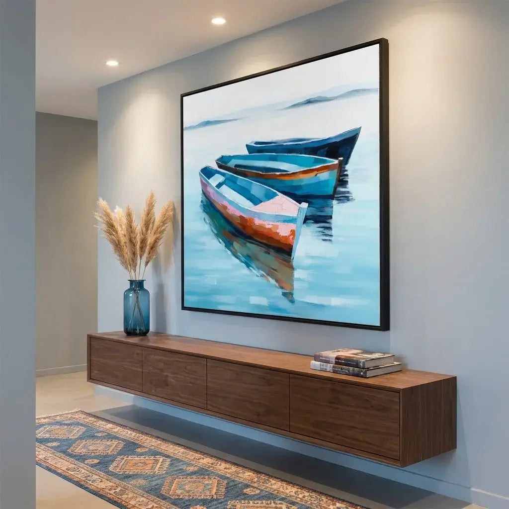 Framed artwork of boats on a wall above a wooden console table.