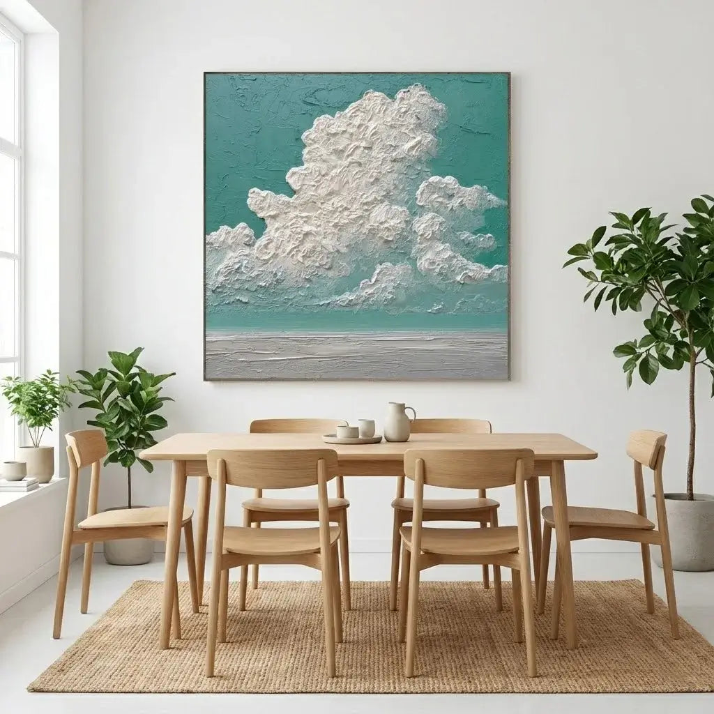 Dining room with wooden table and chairs, large cloud painting on wall, and plants.