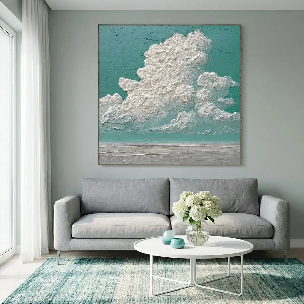 Living room with a gray sofa, coffee table, and large cloud painting on the wall.