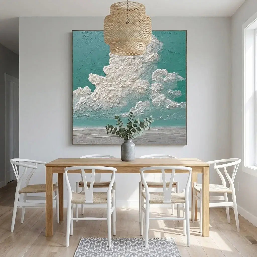 Dining room with a wooden table and white chairs, featuring a large abstract painting of clouds on the wall.