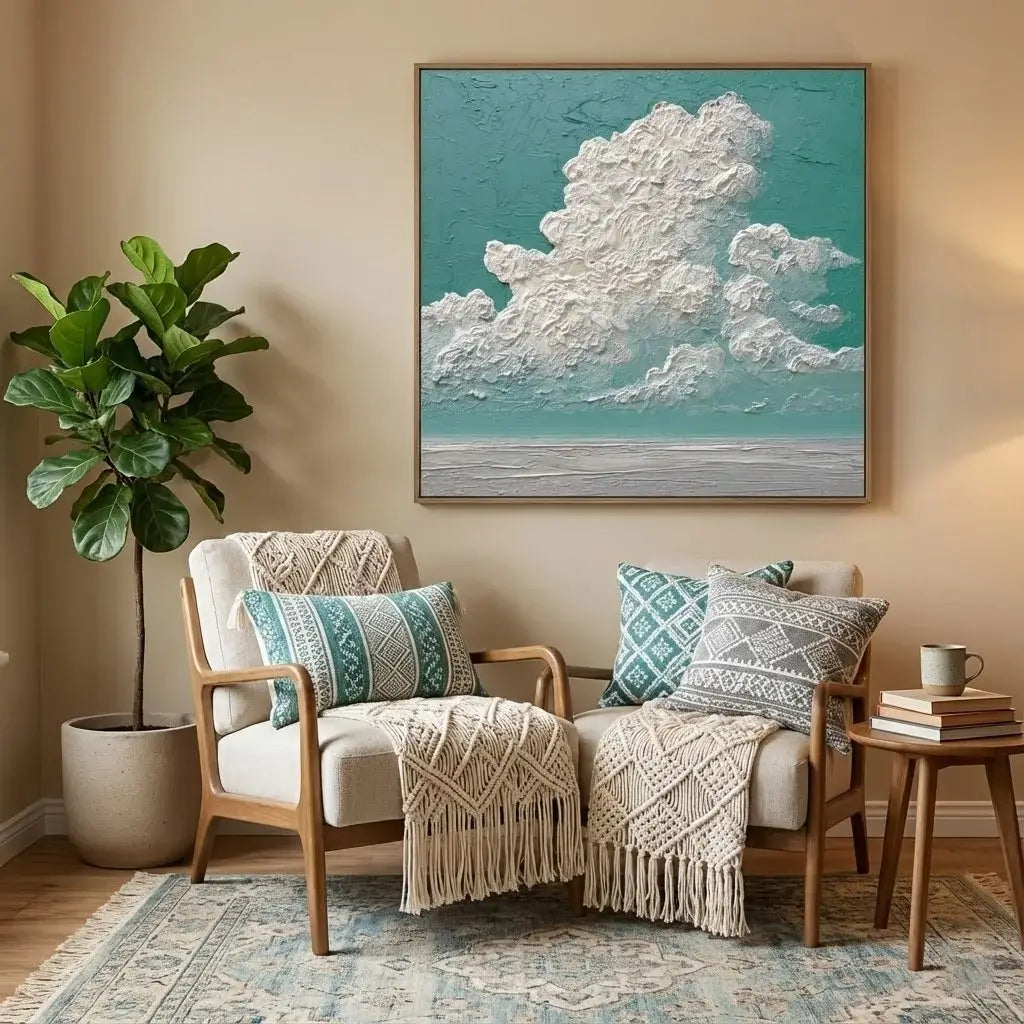 Cozy living room with a beige armchair, decorative pillows, and a large cloud painting on the wall.