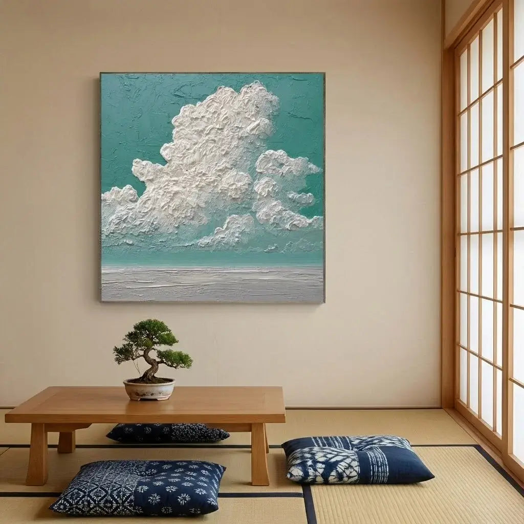 Room interior with a bonsai tree on a small table, cloud painting on the wall, and tatami flooring.