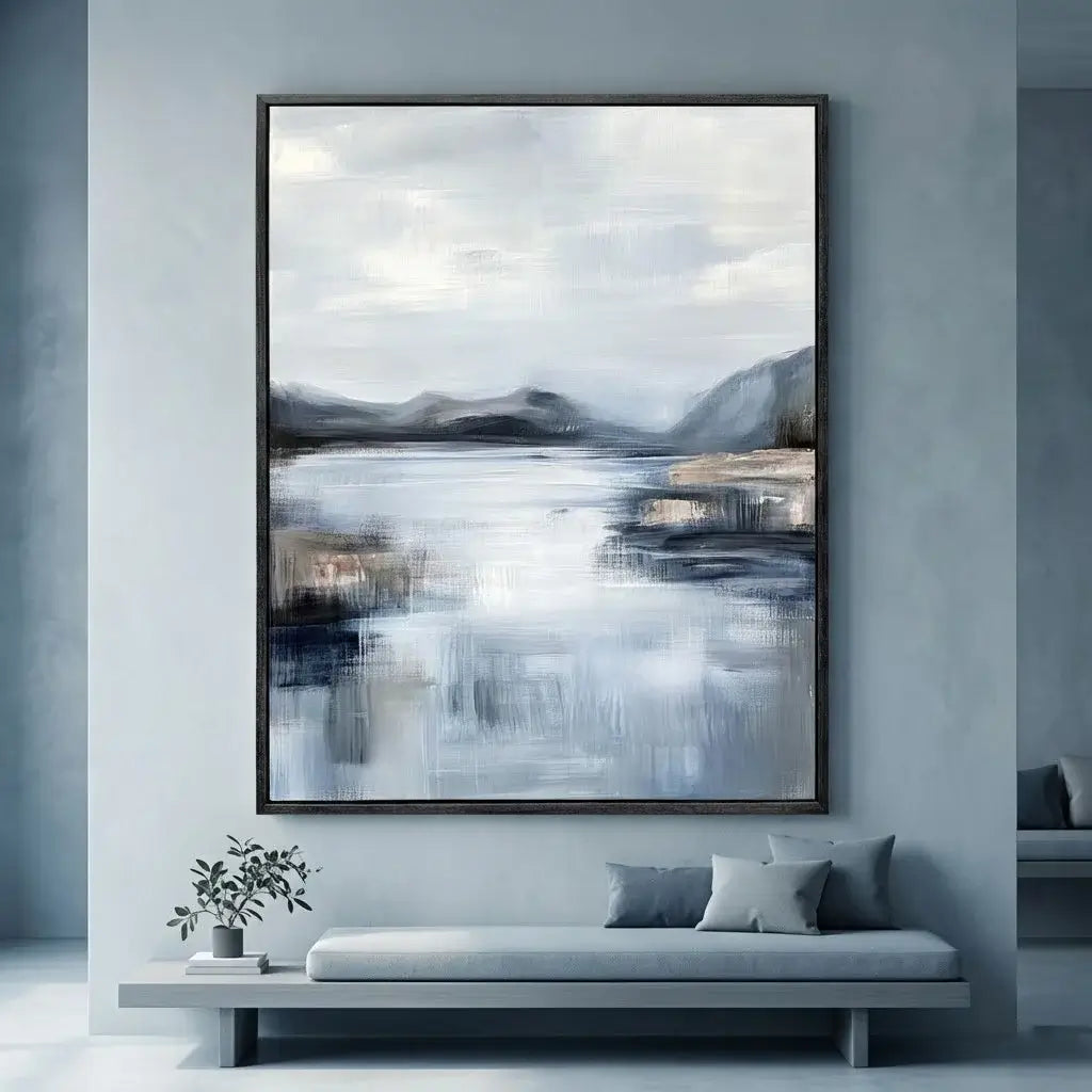 Framed abstract landscape painting on a wall in a modern living room.