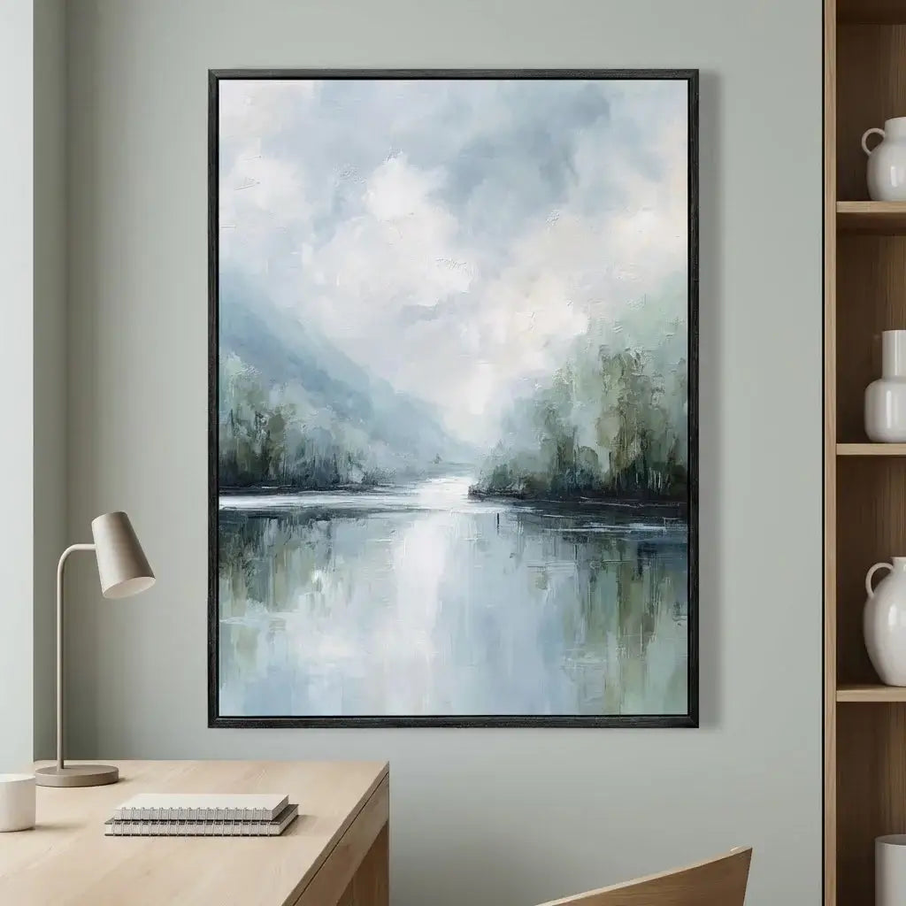 Framed landscape painting of a lake with trees on a wall above a desk.