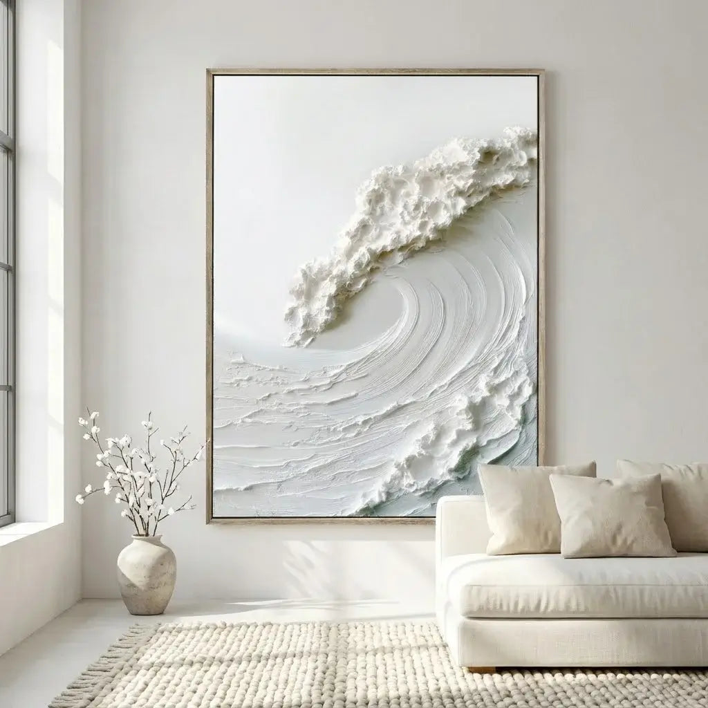 Abstract art piece on a wall in a living room with a sofa and decorative vase.