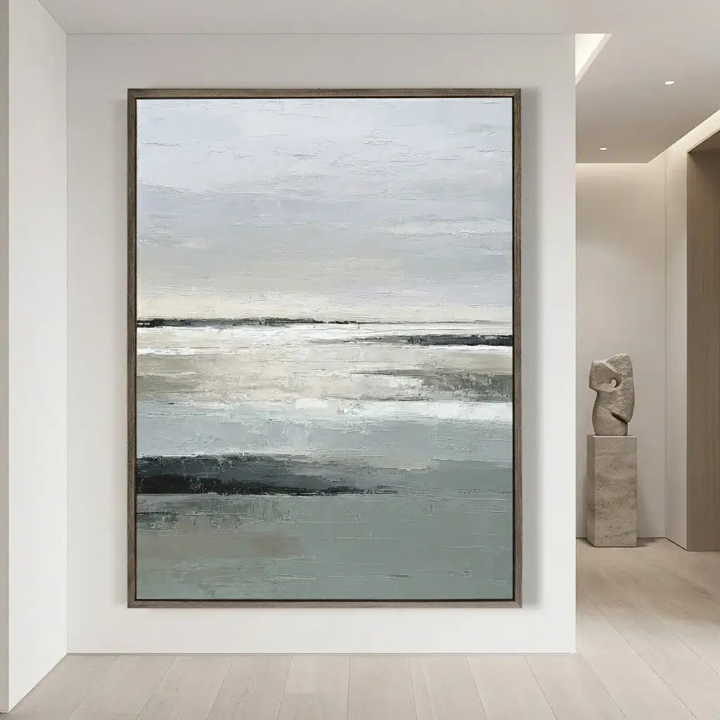 Abstract painting in a modern interior setting with a sculpture.