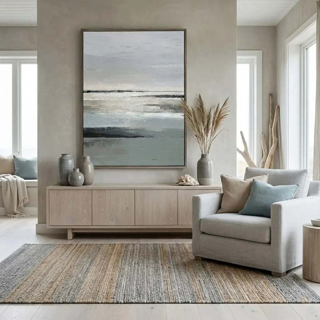 Modern living room with neutral color scheme, abstract painting, and decorative elements.