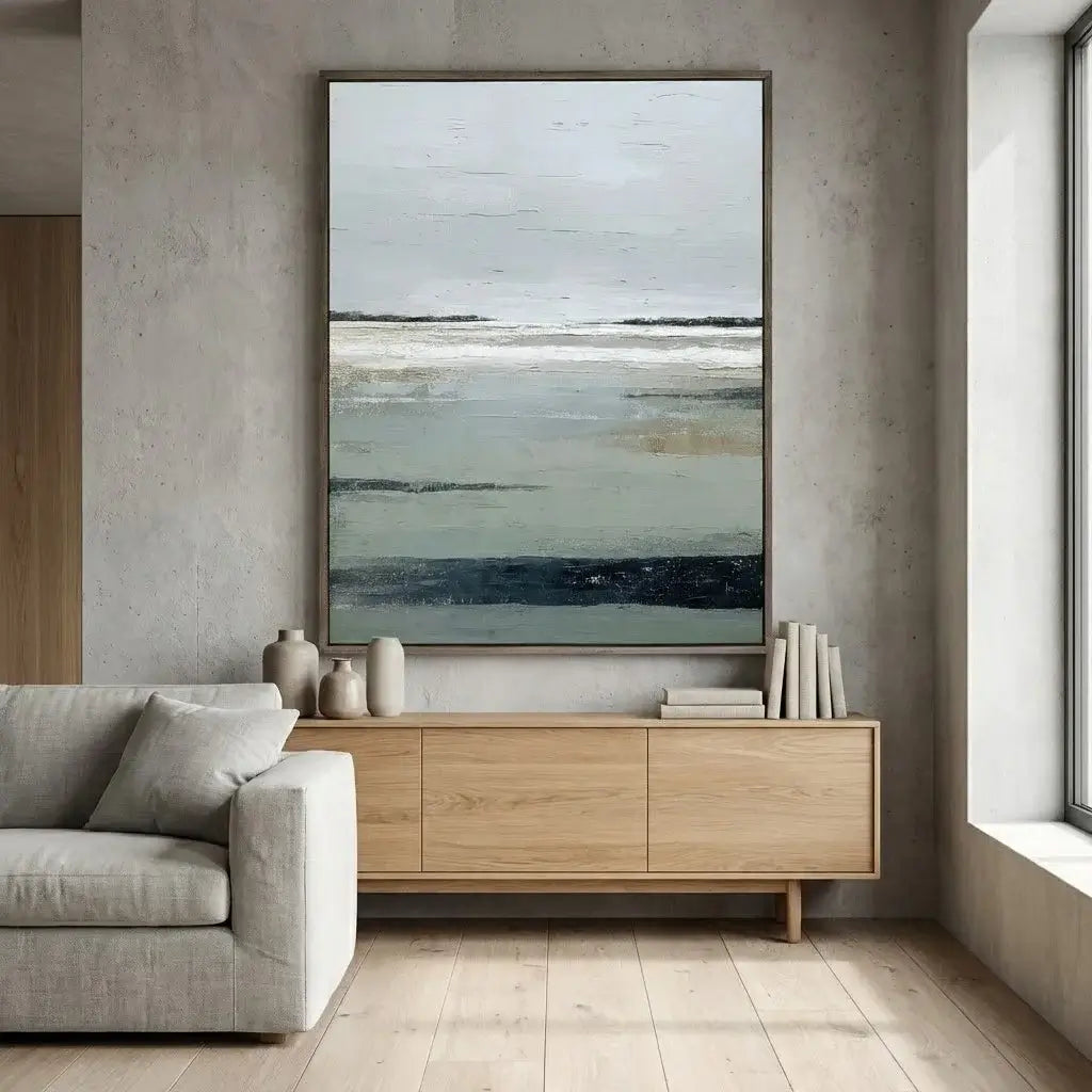 Modern living room with a large abstract painting on the wall, a light gray sofa, and a wooden sideboard.