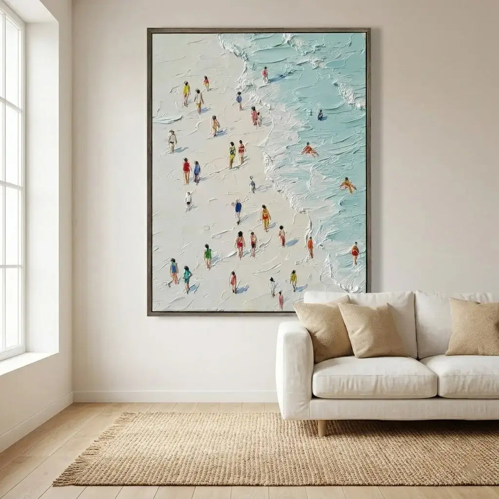 Living room with a large abstract painting of people at the beach above a white sofa.