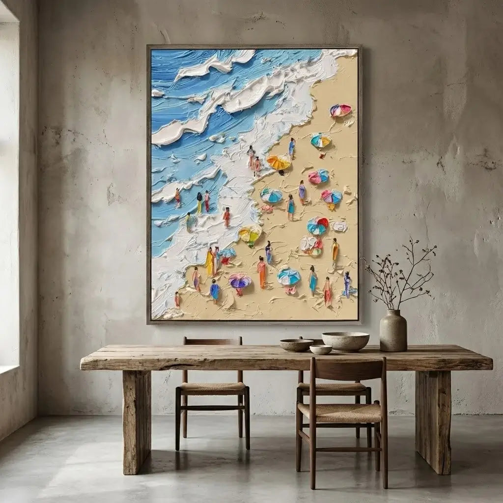 Dining room with a large beach scene painting on the wall above a wooden table.