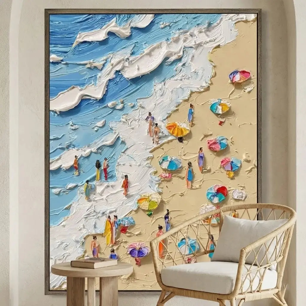 Colorful beach scene painting on a wall with a wicker chair and small table below.