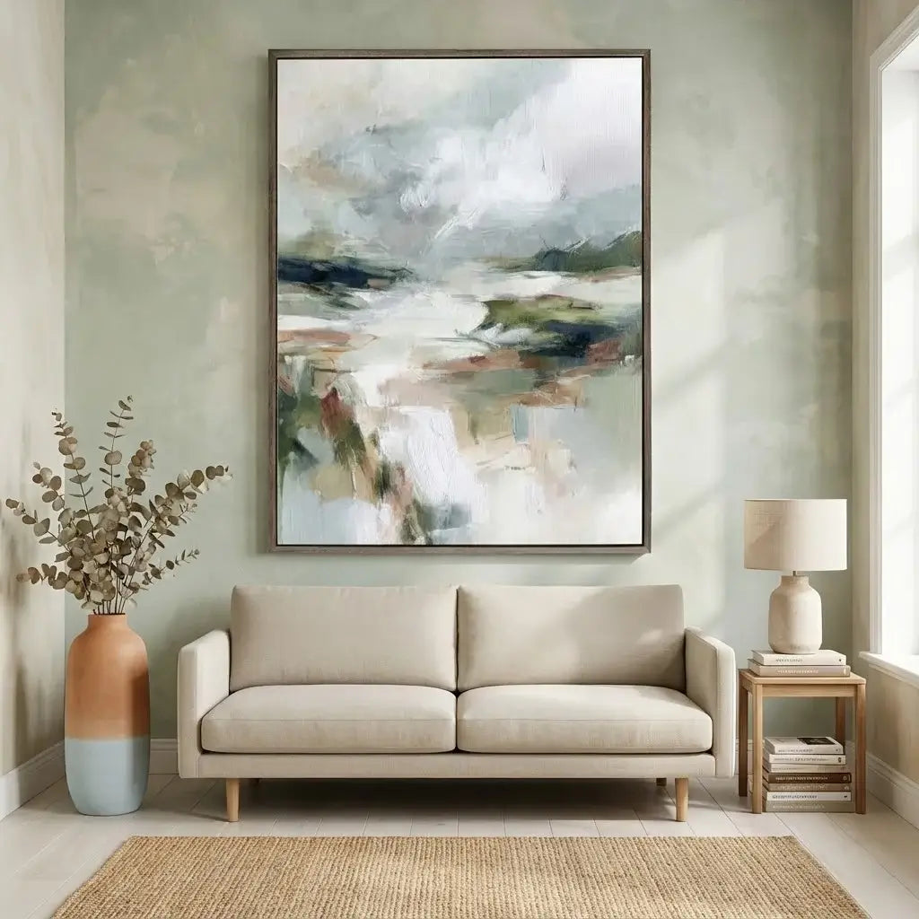 Beige sofa in a living room with abstract art on the wall and decorative elements.