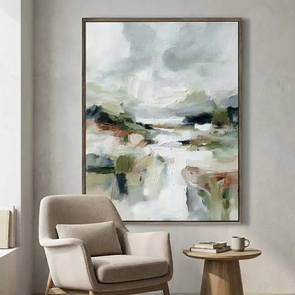 Abstract painting on a wall above a beige armchair in a room.
