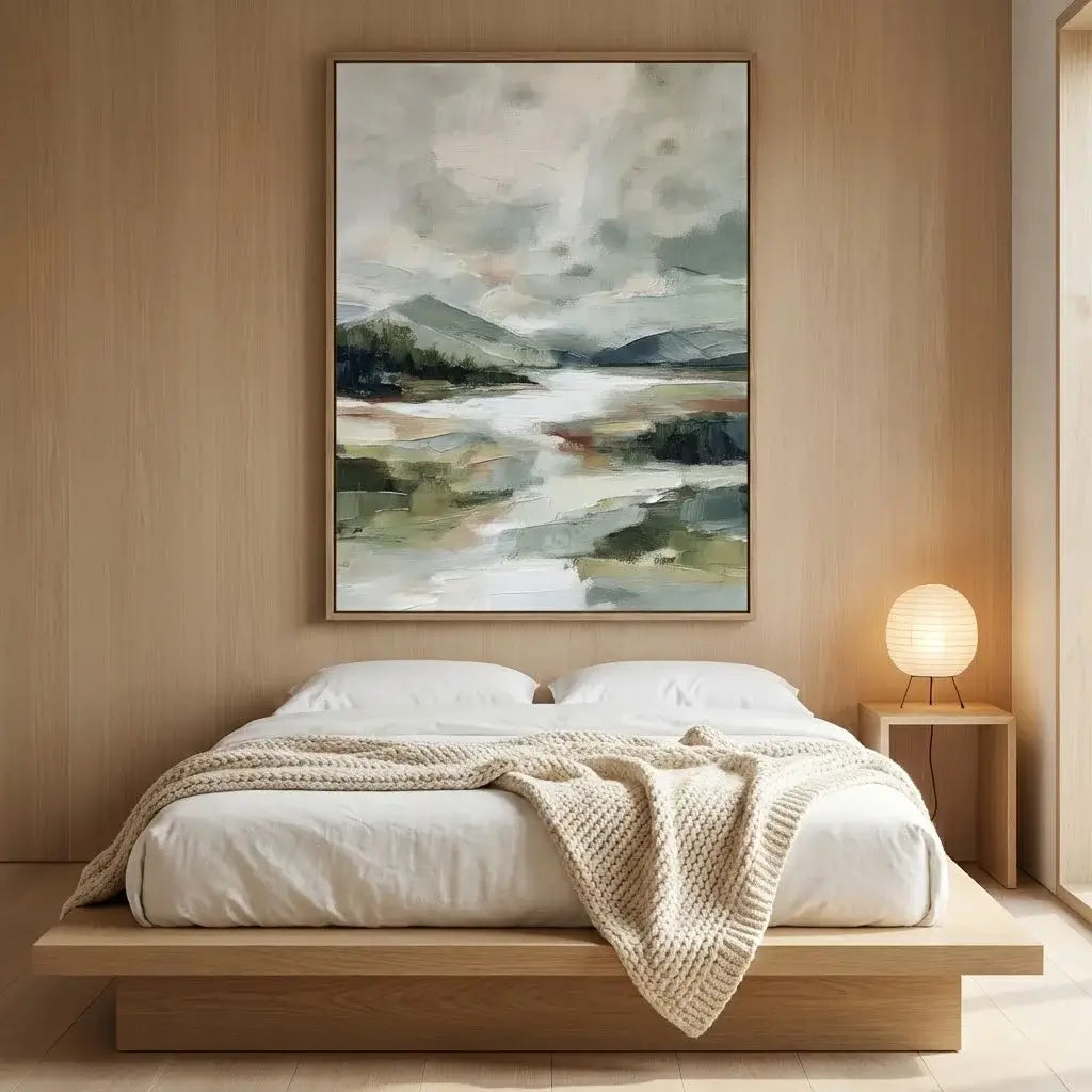 Modern bedroom with a bed, abstract landscape painting, and side table with lamp.