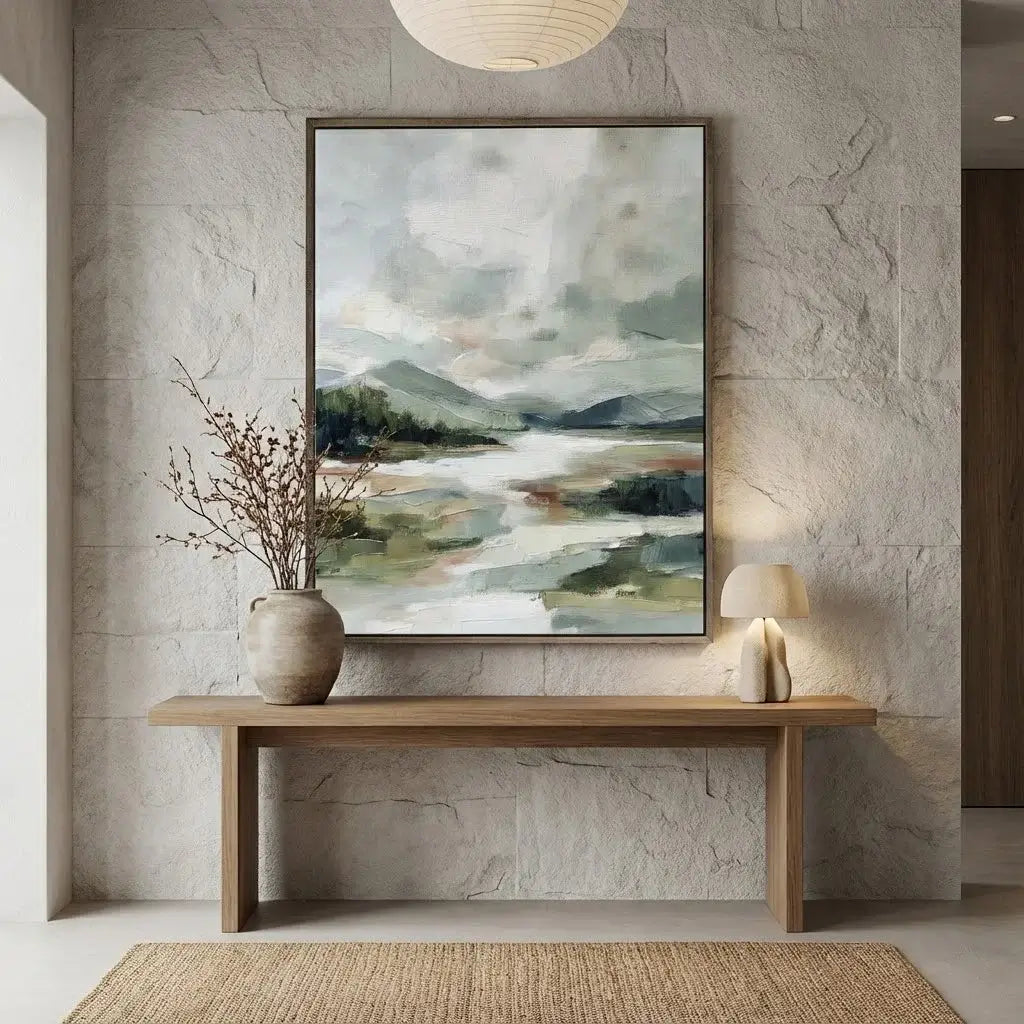 Modern interior with a framed landscape painting, wooden bench, and decorative items.