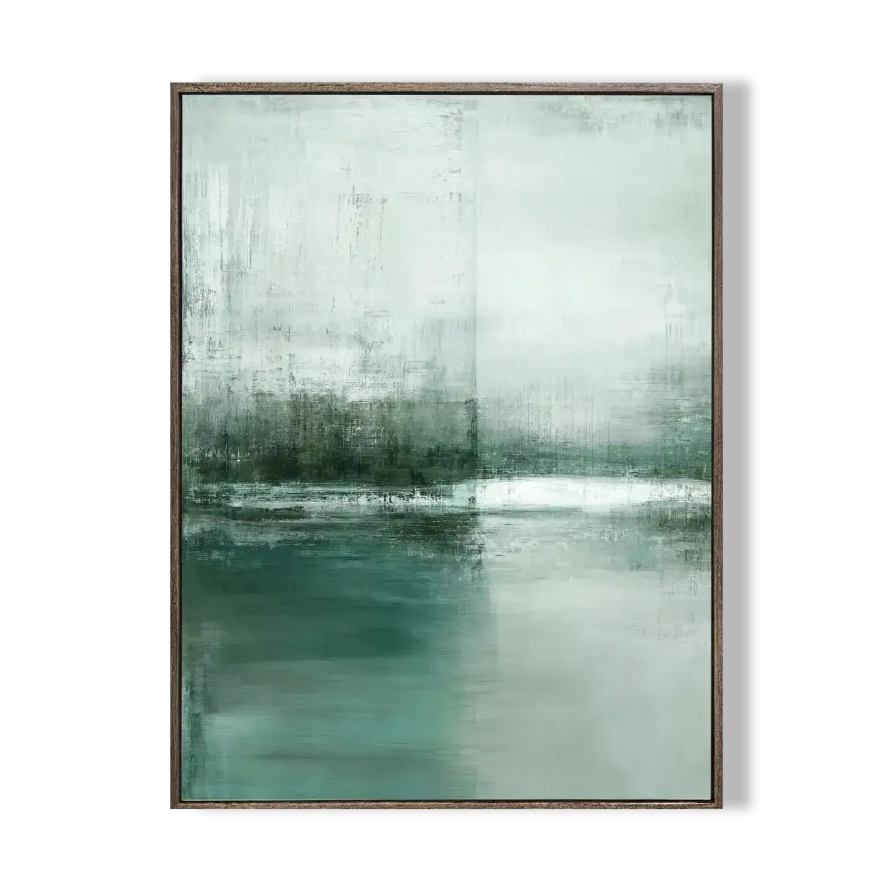 Abstract painting with green and gray tones on a white background
