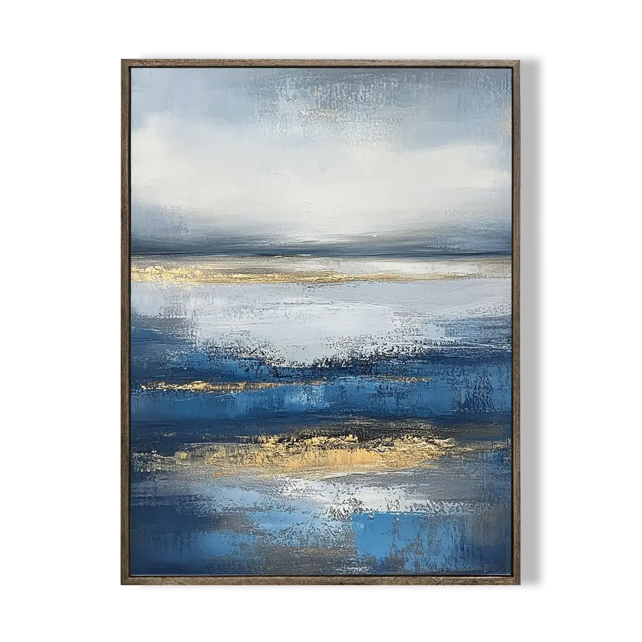 Abstract painting with blue, gold, and white tones in a wooden frame on a white background